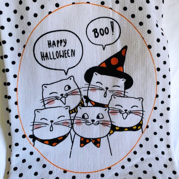 NWT Happy Halloween Witch Boo Cats Polka Dot Dish Kitchen Cat Towel Set - Picture 3 of 3